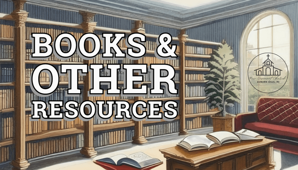 "Books & Other Resources" superimposed over a personal library bookshelf